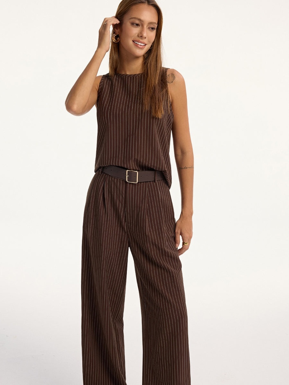 Commense Brown Pinstripe Wide-Leg Jumpsuit - Picture 2 of 14